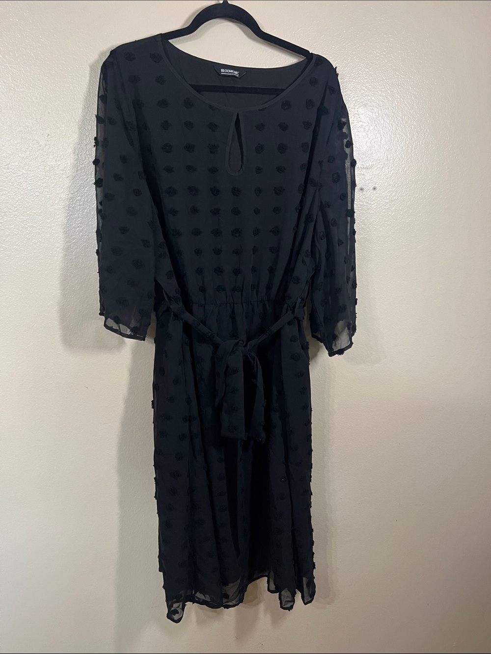 BloomChic Black Swiss Dot Midi Dress with Tie Belt